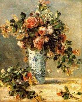 Pierre Auguste Renoir : Roses and Jasmine in a Delft Vase